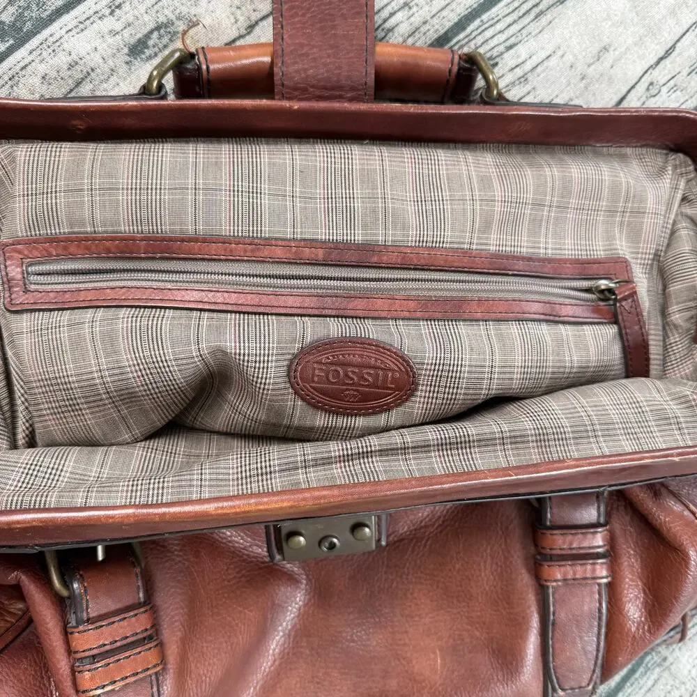 Fossil Cognac Leather Doctor Bag Gladstone Satchel Brown Vintage